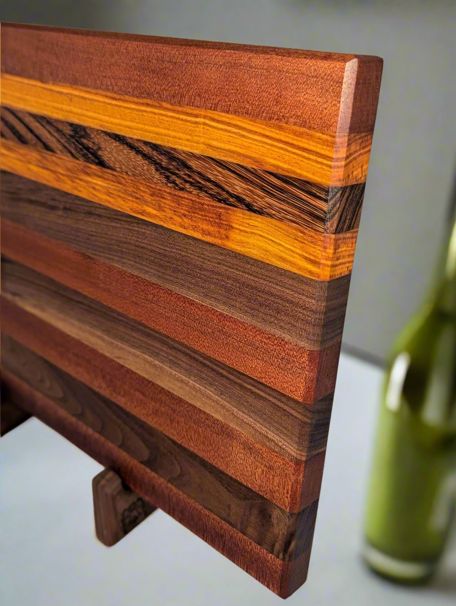 Ribbon Sapele, Black Walnut, Canary, Zebra Wood Large Edge Grain Cutting Board