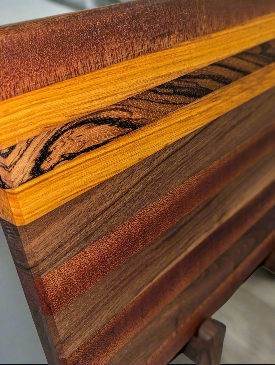 Ribbon Sapele, Black Walnut, Canary, Zebra Wood Large Edge Grain Cutting Board