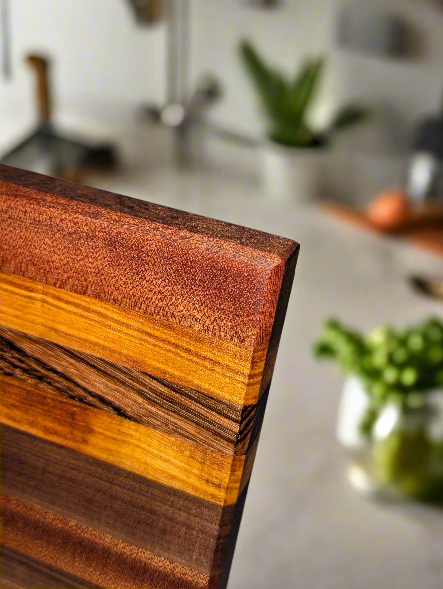Ribbon Sapele, Black Walnut, Canary, Zebra Wood Large Edge Grain Cutting Board