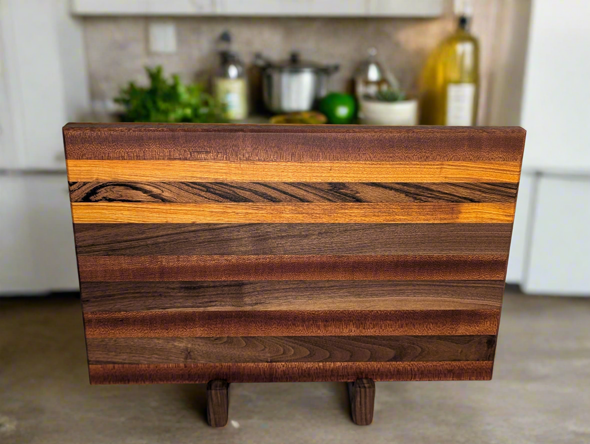 Ribbon Sapele, Black Walnut, Canary, Zebra Wood Large Edge Grain Cutting Board