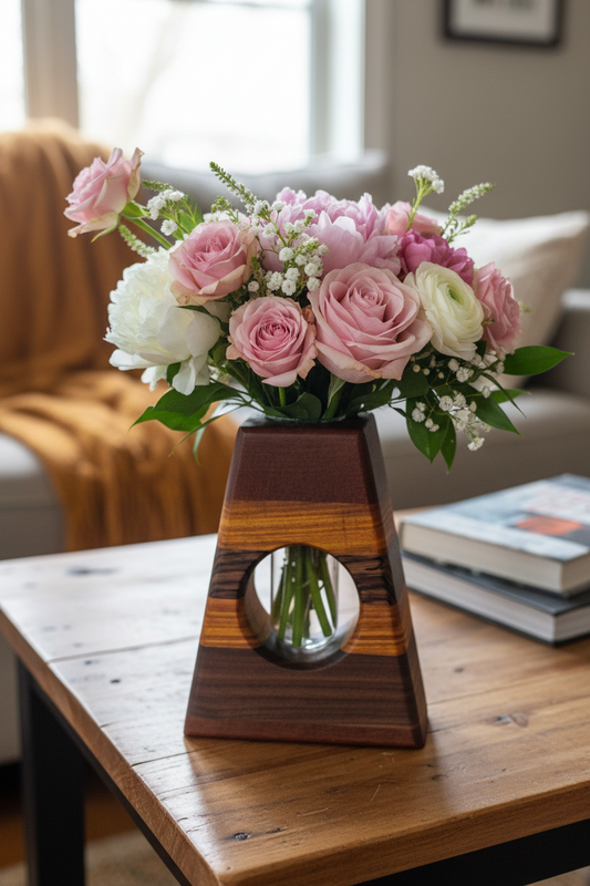 Handcrafted Canary Wood, Zebra Wood & Sapele Exotic Laminated Wood Vase