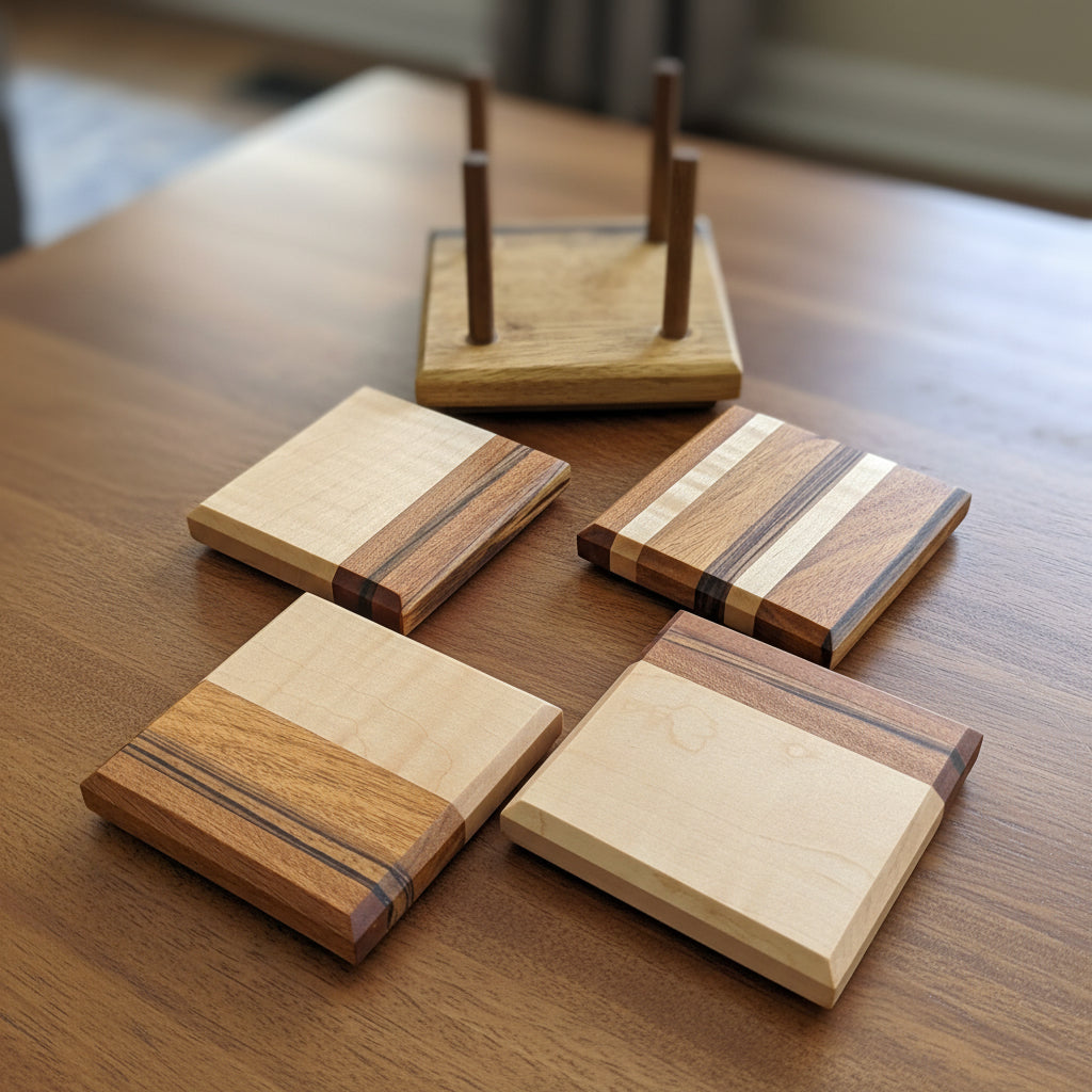 Custom Exotic Wood Coaster Set (4) With Holder
